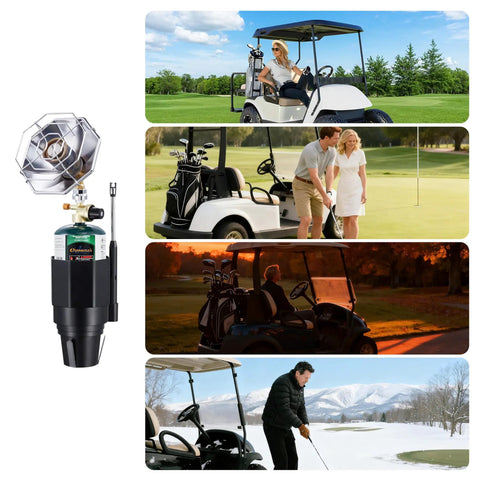 6800 BTU Propane Golf Cart Heater 2 In 1 Outdoor Heater With Cup Holder Mount And Cylinder Base used on golf carts in various settings