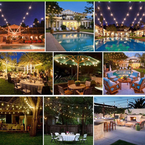 Outdoor String Lights 48 Ft Waterproof Patio Lighting With 2W Dimmable LED Bulbs creating cozy atmosphere in various outdoor settings
