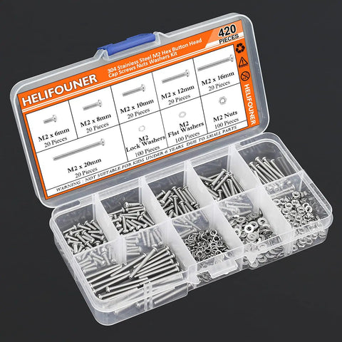 Hella Durable 304 Stainless Steel M2 Screw Set With 420 Pieces Assorted Hex Button Head Cap Bolts Nuts And Washers From 6mm To 20mm in organized kit.