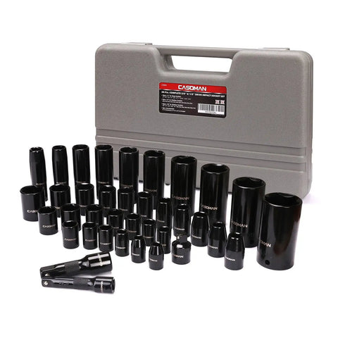 Complete 38 Piece Impact Socket Set With Three Eighths And One Half Inch Drive SAE And Metric 6 Point Deep And Shallow Sockets Cr-V Steel