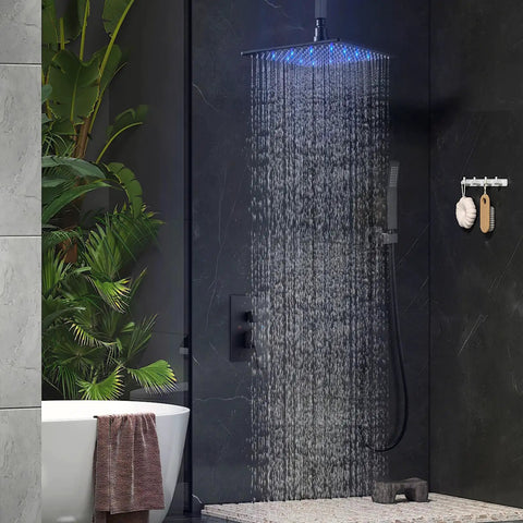 Top Shelf Ceiling Shower Faucet Set Featuring Handheld Sprayer And 12 Inch Led Rainfall Head Slick Matte Black Finish Solid Stainless Steel Build With Brass Valve For Heavy Duty Bathroom Upgrades