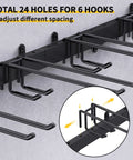 Garage Tool Organizer Wall Mount Kit with 6 hooks and 24 holes for customizable spacing on a heavy duty shelving rack