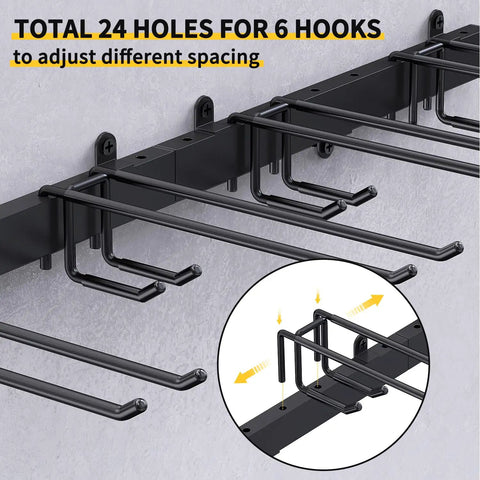 Garage Tool Organizer Wall Mount Kit with 6 hooks and 24 holes for customizable spacing on a heavy duty shelving rack