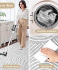 Collage of woman vacuuming a gray patterned rug, machine washing the rug, and hand spot cleaning it, emphasizing easy maintenance.