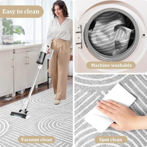 Collage of woman vacuuming a gray patterned rug, machine washing the rug, and hand spot cleaning it, emphasizing easy maintenance.