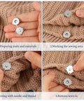 Ten Piece Plum Magnetic Snap Buttons Set for Sewing 15mm Purse Snaps used on knitted fabric, showing sewing process steps.