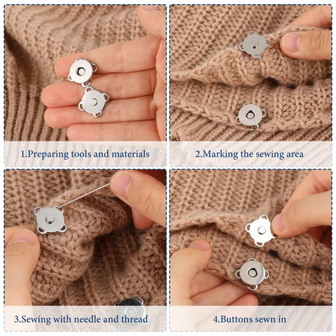 Ten Piece Plum Magnetic Snap Buttons Set for Sewing 15mm Purse Snaps used on knitted fabric, showing sewing process steps.