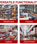 Premium 400 Pound Capacity Manual Material Lift Winch Stacker in a warehouse setup with organized storage and machinery.