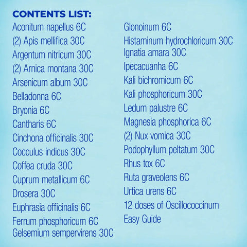 Contents list of On The Go Travel First Aid Kit With Homeopathic Medicines including Aconitum Napellus and Arnica Montana.