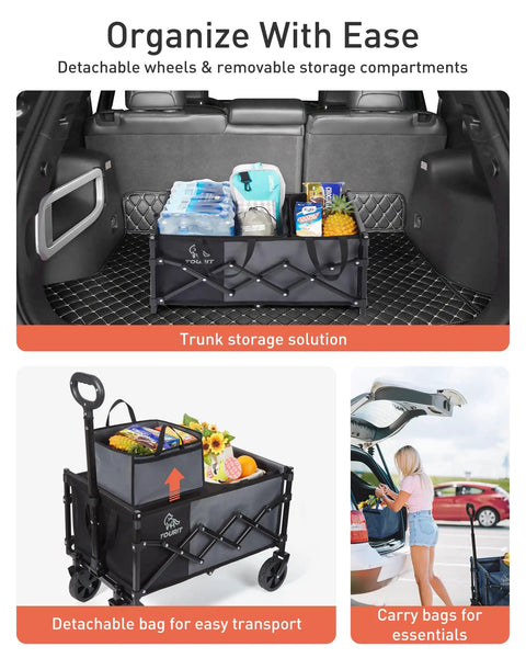 Foldable All Terrain Wagon With Heavy Duty Wheels Hauls Groceries And Gear For Camping Beach And Shopping 330 Lbs Capacity Utility Cart Easy Collapsible Durable Steel Frame Black in car trunk