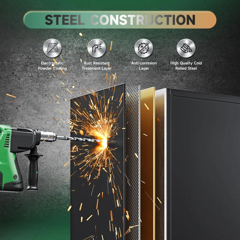 Steel construction layers of 72 Inch Metal Garage Storage Cabinet With Locking Doors Tall Tool Organizer Steel Lockers.