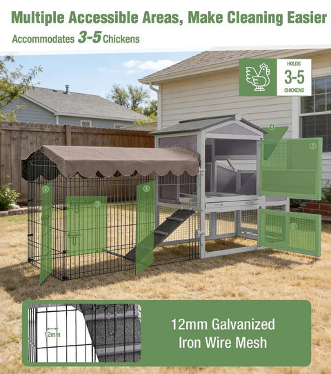 Mobile Chicken Coop With Run Wheels And Waterproof Cover Removable Iron Tray Large Nesting Box Ventilated Sliding Window Extendable Outdoor Backyard Poultry Cage For Easy Move Rotation And Fresh Grazing with galvanized iron wire mesh in backyard setting.