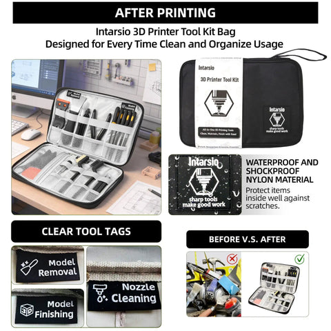 52 Piece 3D Printer Tools Kit For FDM And SLA Printers With storage bag, open on a desk, showing organized tools.