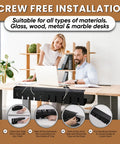 2 Pack Under Desk Cable Management Tray with 15.7 Inch Cord Organizer for desk, showing installation process and users smiling at desk