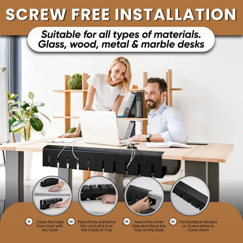 2 Pack Under Desk Cable Management Tray with 15.7 Inch Cord Organizer for desk, showing installation process and users smiling at desk
