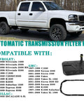 4L80E Automatic Transmission Filter Kit With Oil Pan Gasket For Chevy Silverado Suburban GMC Sierra Yukon Escalade Replaces 24208847 24210956 Keeps Transmission Fluid Clean And Extends Transmission Life, displayed with compatible vehicles list and image of a white pickup truck