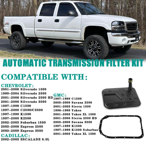 4L80E Automatic Transmission Filter Kit With Oil Pan Gasket For Chevy Silverado Suburban GMC Sierra Yukon Escalade Replaces 24208847 24210956 Keeps Transmission Fluid Clean And Extends Transmission Life, displayed with compatible vehicles list and image of a white pickup truck