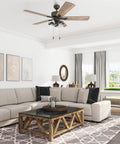 Living room with River Run 52 Inch Farmhouse LED Ceiling Fan With Light, Bronze Finish, Rustic Barn Wood Blades, Edison Style Lighting.