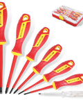 Top Shelf 7 Piece Insulated Screwdriver Set With 1000V Voltage Tester, drop forged handles, and Chrome Vanadium steel, ideal for home repairs.