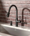 Oil Rubbed Bronze Pull Down Kitchen Faucet With Sprayer, Sleek Single Handle Design, 17 Inch Tall, installed on marble sink