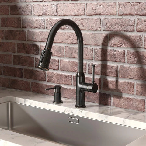Oil Rubbed Bronze Pull Down Kitchen Faucet With Sprayer, Sleek Single Handle Design, 17 Inch Tall, installed on marble sink