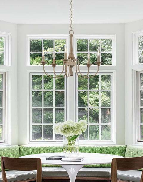 24-Inch Five-Light French Country Chandelier With Adjustable Height in Smoked Birch and Black Finish in bright dining room