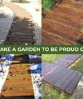 DIY Wooden Paver Molds Kit creating wooden plank pattern pathways in gardens, showcasing different walkway designs.