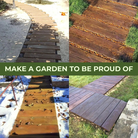 DIY Wooden Paver Molds Kit creating wooden plank pattern pathways in gardens, showcasing different walkway designs.