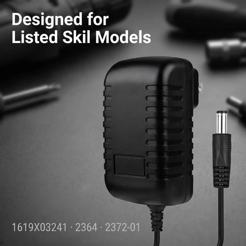 Slick 12 Volt AC Adapter For Cordless Drill Driver Featuring Plug And Play Design, compact black charger for Skil models.