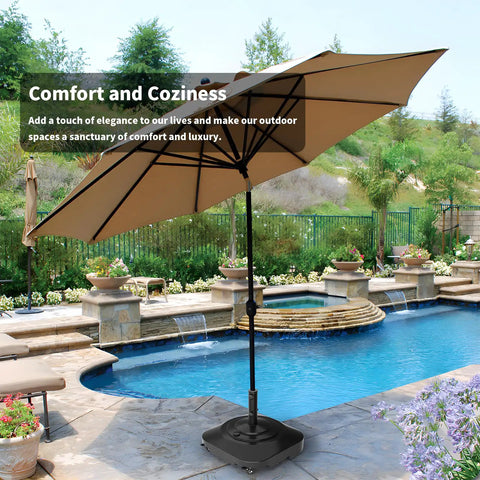 Beefed Up Patio Umbrella Base With Wheels Fillable To 100 Lb Windproof Mobile Square Market Stand by poolside.