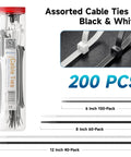 200 Pack Self Locking Nylon Zip Ties Assorted 6, 8, 12 Inch Indoor Outdoor Black And White For Cable Management