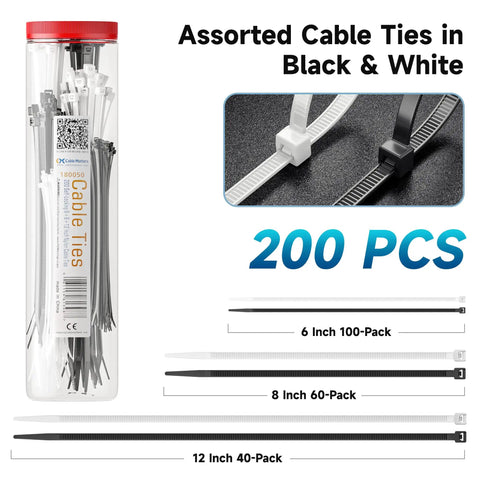 200 Pack Self Locking Nylon Zip Ties Assorted 6, 8, 12 Inch Indoor Outdoor Black And White For Cable Management