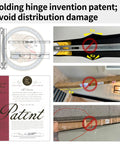 Images showing folding hinge patent details and packaging precautions to avoid distribution damage.