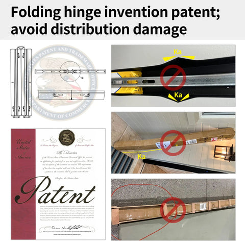 Images showing folding hinge patent details and packaging precautions to avoid distribution damage.