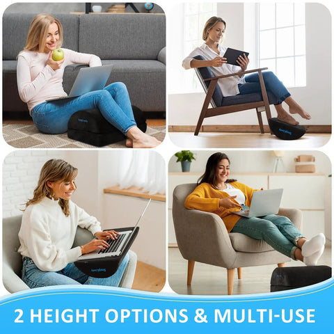 Foot Rest Under Desk With Two Adjustable Heights Ergonomic Foot Stool With Washable Cover for Back and Hip Pain Relief in use indoors.