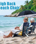 Foldable Beach Chair With Umbrella For Adults, Portable Low Profile Seat With 300 Lb Capacity on beach, navy blue