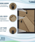 Back view of Sleek Black 5x7 Picture Frame For Desk Or Wall Mount Modern Engineered Wood Frame From The Bliss Collection showing hooks and easel