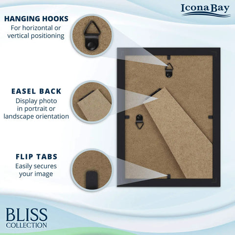 Back view of Sleek Black 5x7 Picture Frame For Desk Or Wall Mount Modern Engineered Wood Frame From The Bliss Collection showing hooks and easel