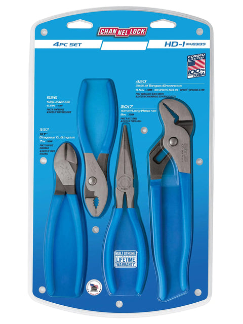 Workhorse 4 Piece Pliers Set With Tongue and Groove, Diagonal Cutting, Long Nose and Slip Joint Pliers Made in USA