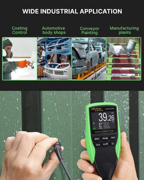 Coating Thickness Gauge Pro Grade For Automotive And Industrial QC With 0.1 Micron Resolution Fe And NFe Auto Detection External Probe For Steel And Aluminum 0 To 1250 Micrometers on coated metal