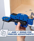 Cabinet Door Mounting Jig For Frameless And Face Frame Cabinets with adjustable shims in use on a cabinet installation