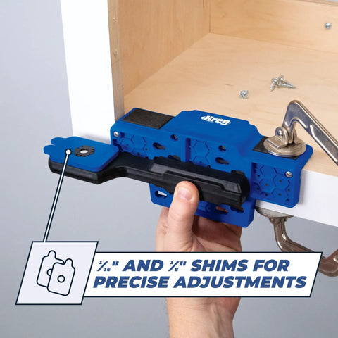 Cabinet Door Mounting Jig For Frameless And Face Frame Cabinets with adjustable shims in use on a cabinet installation