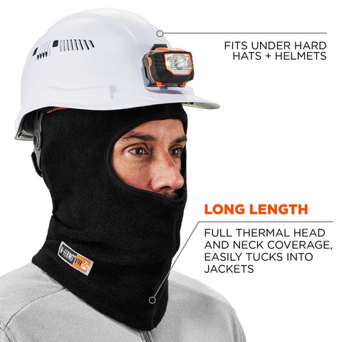 Person wearing the FR Rated Balaclava For Winter Work Cold Weather Face Mask With Fire Resistant Modacrylic Fleece Anti Static Arc Flash Safe N Ferno 6828 under helmet demonstrating fit and thermal coverage.
