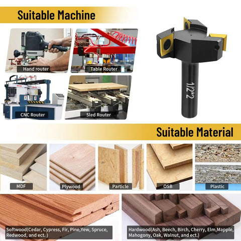 Beefy 1/2 Inch Shank Slab Flattening Router Bit With 2 Inch Cutting Diameter And 3-Wing Coated Carbide Inserts for various routers and materials.