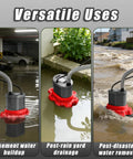 Heavy Duty Pool Cover Pump For Above Ground Pools, 850 GPH Submersible Water Pump shown in basement, yard, and disaster water scenes