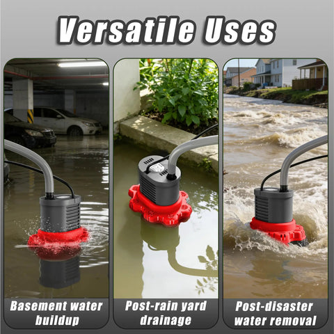 Heavy Duty Pool Cover Pump For Above Ground Pools, 850 GPH Submersible Water Pump shown in basement, yard, and disaster water scenes