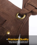 Close-up of brown waxed canvas featuring strap loop and rivet on Woodworking Apron With 9 Tool Pockets And Magnetic Chest Holders