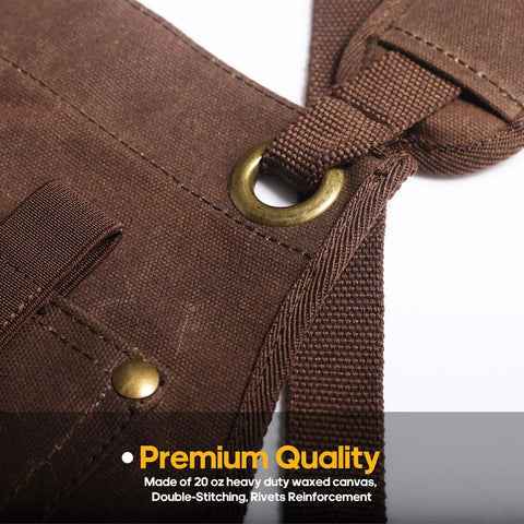 Close-up of brown waxed canvas featuring strap loop and rivet on Woodworking Apron With 9 Tool Pockets And Magnetic Chest Holders