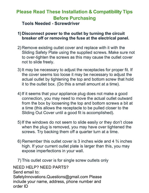 Installation instructions for self-closing outlet covers, detailing tools needed and steps for center screw outlets, 3x4.75 in, 6 pack.