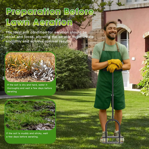 Person using No-Fuss Manual Lawn Aerator Tool With Padded T-Handle and 15 Three-Inch Solid Steel Spikes in garden.